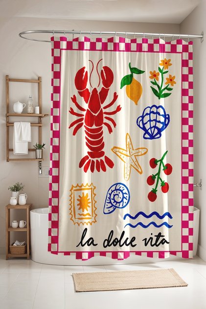 Red Shrimp Patterned Bathroom Curtain, Shower Curtain, Bathtub Curtain 175X200Cm