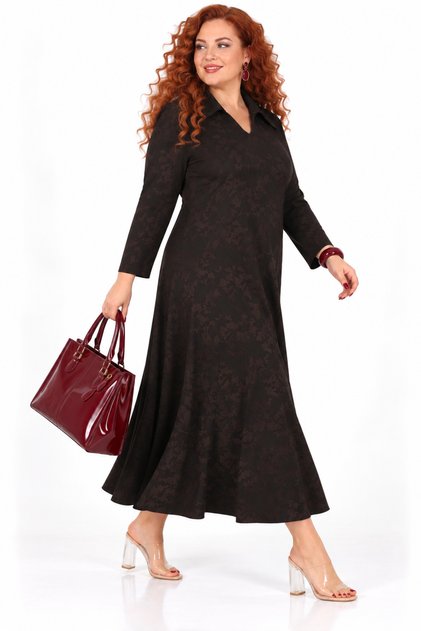 Plus Size Polo Neck Jacquard Patterned Long Sleeve Relaxed Fit Women's Midi Dress