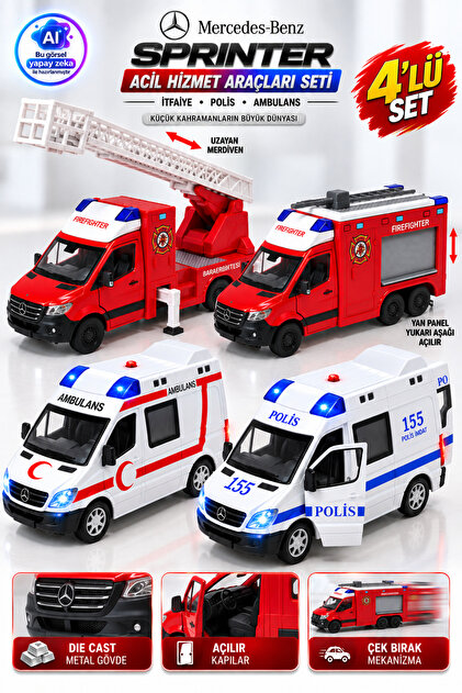 Die Cast Mercedes-Benz Sprinter Acil Hizmet Araçları 4’lü Set 12cm – İtfaiye Polis Ambulans Metal Çek Bırak Açılır Kapılı Model Araba