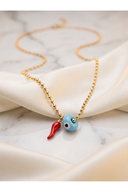 Women's Gold Ball Chain Evil Eye Beaded Red Pepper Figured Lucky Necklace