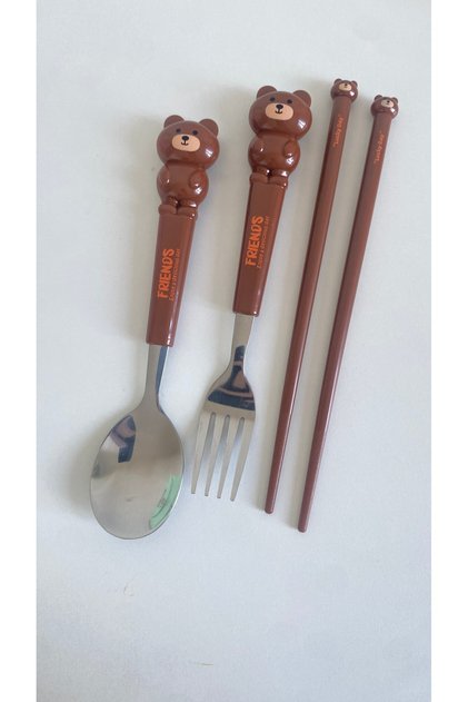 Cute Animals Chopstick Fork Spoon Set School Lunchbox Set of 3 Steel Food Grade Material Panda Frog Bear