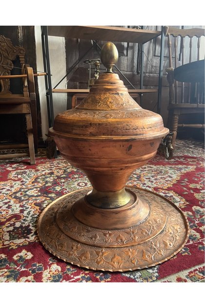 Eski Osmanlı Tarzı Bakır Paşa Mangalı 65 Cm El İşçiliği Kapaklı Dekoratif Antika Mangal Çap 39 Cm