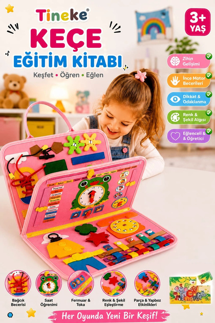 3+ Years Old Felt Training Book Montessori Educational Activity Toy Skill and Intelligence Development Children's Book 4 Pages Pink-Eng