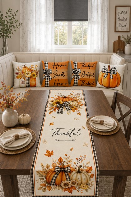 Thankful Pumpkin Floral and Plaid 4-Piece Throw Pillow Cover Runner Set