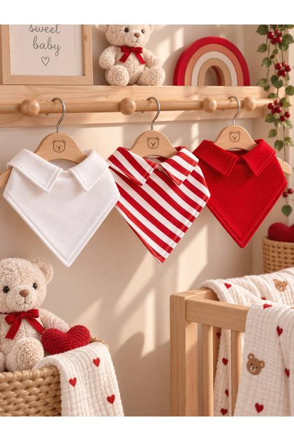 (3 Pieces) 100% Cotton Fabric Double Layer Snap Fastener Polo Collar Special Design Baby Drool Bib & Scarf Set - Red