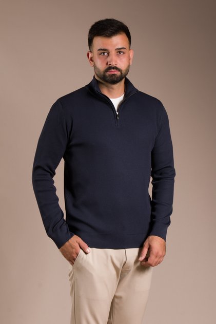 Men's Dark Blue Terry Zippered Knit Sweater