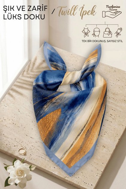 Blue Caramel Abstract Art Patterned Women's - Twill Silk Textured - Multi-Purpose Square Bandana Scarf 50X50