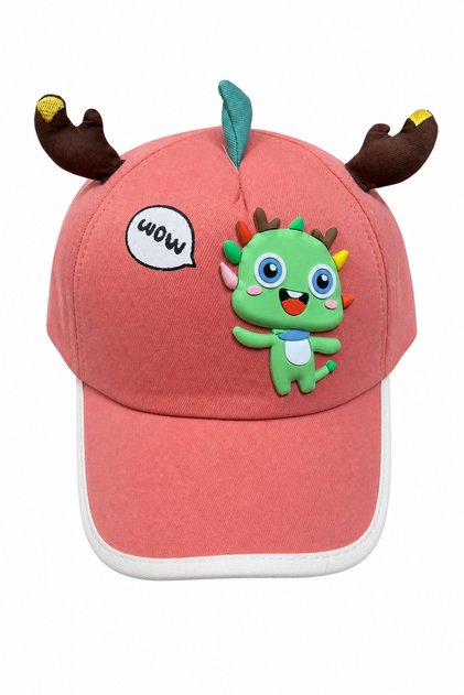 Coral Pink Hat with Fun Dinosaur Figure and Horns for Kids - Sun Protection Cap