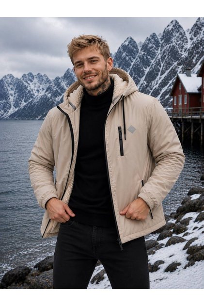 Men's Fur Lined Water Repellent Hooded Zippered Winter Raincoat Jacket
