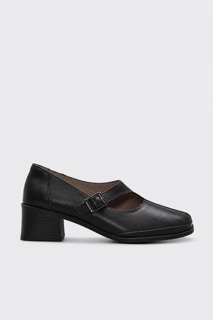 Genuine Leather Black Women's Thick Heeled Shoes 889Za5772