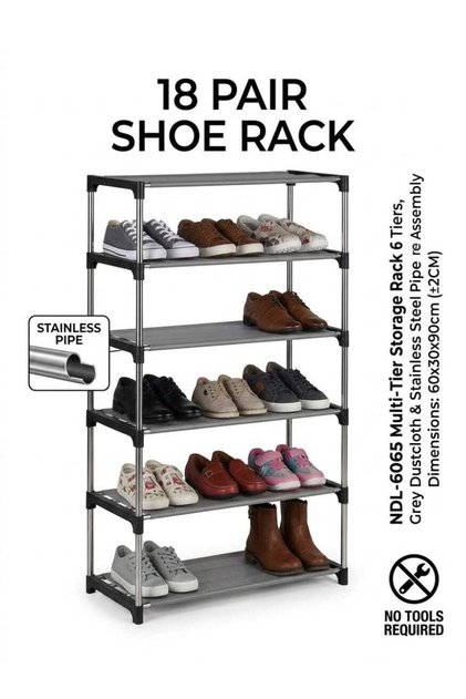 6-Tier Portable Shoe Rack Organizer with Stainless Steel Frame, Holds 18 Pairs, 60x30x90cm