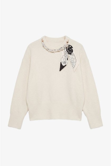 Ecru Collared Sweater with Scarf Detail