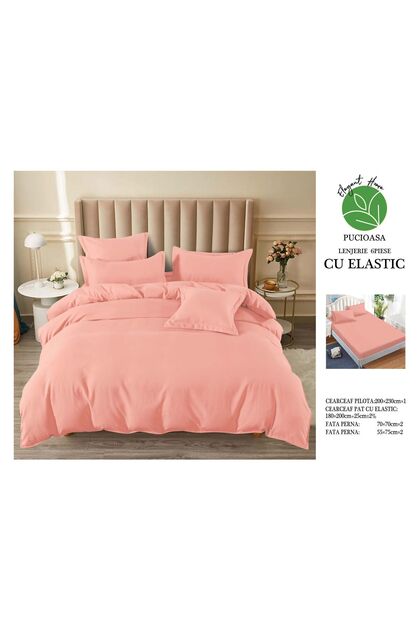 Lenjerie de Pat Finet Unicolor 2 Persoane 6 Piese cu Elastic 180x200 cm, Model T184 - Premium