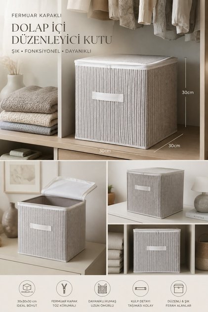 çizgili Kapaklı Kumaş Dolap İçi Düzenleyici Kutu - 30x30x30 cm Katlanabilir Saklama Kutusu Kabaklı fermuardan oluşmaktadır