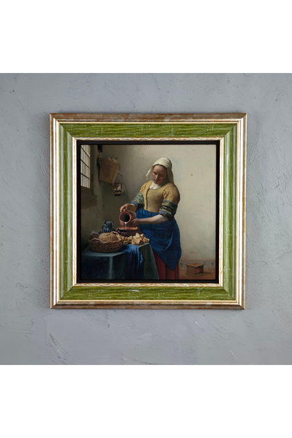 Johannes Vermeer Sütçü Kız İkonik Klasik Sanat Doğal Limra Taşı El Yapımı Zeytin Yeşili Çerçeveli Ta