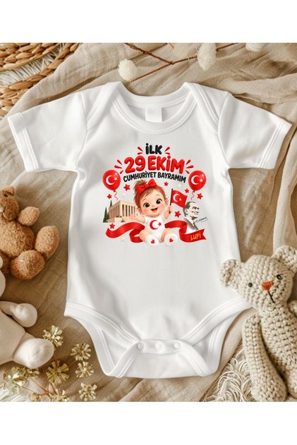 İlk 29 Ekim Cumhuriyet Bayramım Yazılı Kız Bebek Zıbın