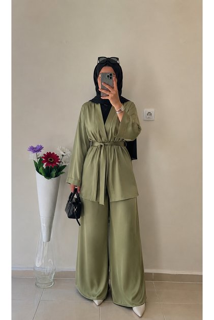 yağ yeşili dökümlü kimono beli lastikli pantolon tesettür takım