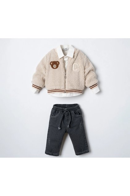 Teddy Bear Embroidered Welsoft Cardigan 3-Piece Set