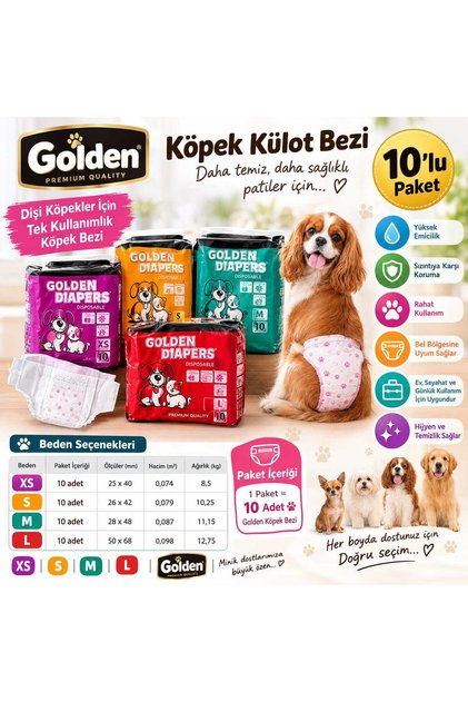 Golden Köpek Külot Bezi 10'lu Paket – Dişi Köpekler İçin Tek Kullanımlık Hasta Bezi