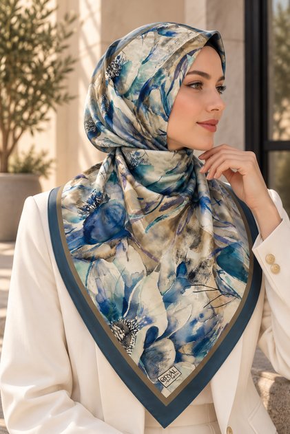Kadın Çiçek Desenli Soft Eşarp Suluboya Desen Günlük Tesettür Eşarbı