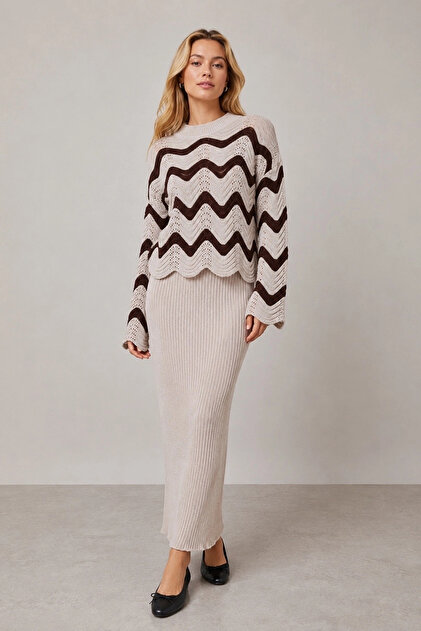 Women's Beige Patterned Dress Sweater Bottom Top Two-Piece Knitwear Set
