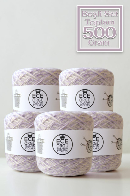 Set de fire de tricotat pentru iarnă, amestec ecru-liliac, cu design răsucit și puțin pufos (total 500 gr.)