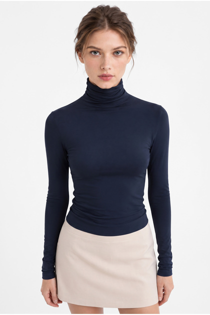 Women's Navy Blue Turtleneck Long Sleeve Premium Soft Modal Cotton Blouse