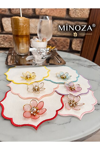 Colorful Embroidered Stain-Resistant Fabric with Lotus Flower Brooch, Coffee Side Presentation Napkin, Cocktail Coaster 6 Pieces