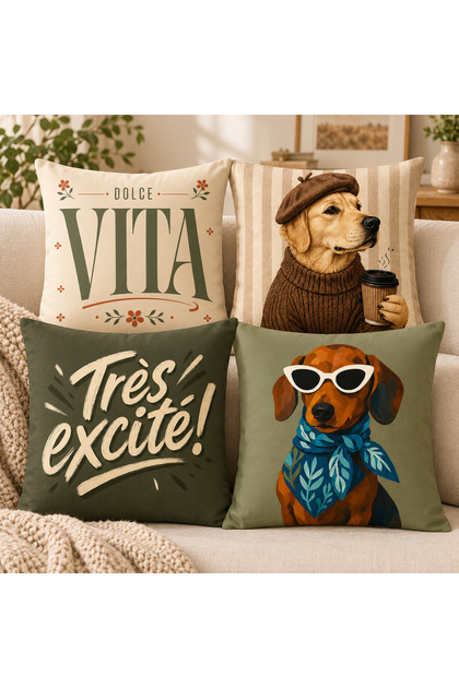 Khaki Green Text Modern 4-Piece Retro Dog Pattern Decorative Throw Pillow Cover Set