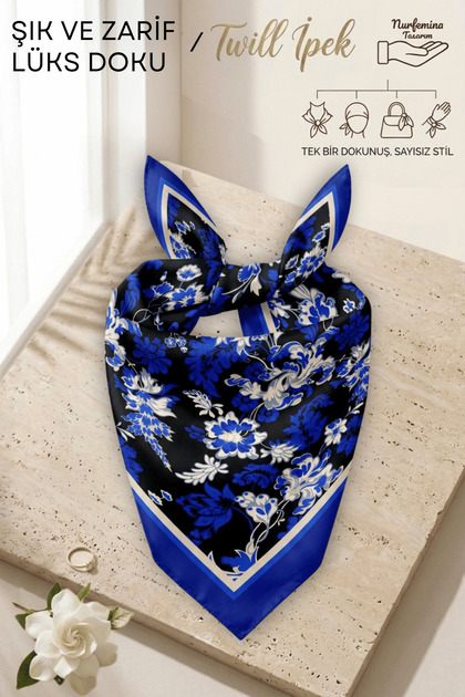 Saks Blue Floral Patterned - Twill Silk Textured - Multi-Purpose Square Bandana Scarf 50X50 cm