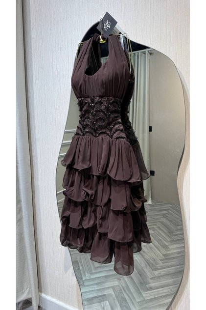 Midi Evening Dress with Ruffles, Embellished Waist, and Halter Neckline