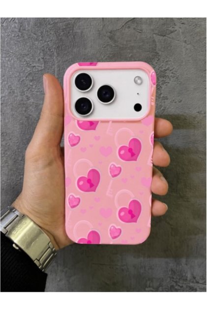 iPhone 17 Pro Max - 18 Pro Max Compatible Pink Locked Romantic Pattern Pink Case
