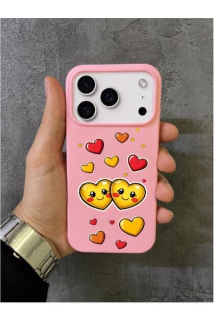 iPhone 17 Pro Max - 18 Pro Max Compatible Pink Case with Smiling Face and Colorful Heart Design