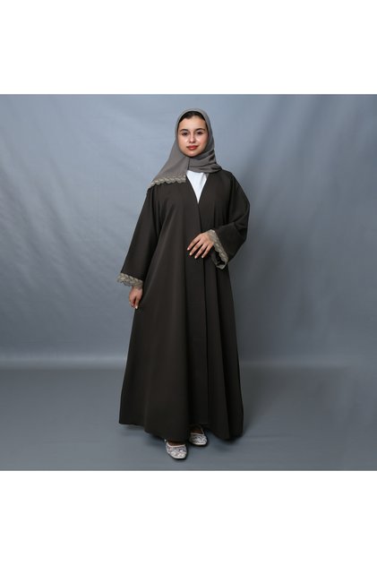 Dark Olive Green Classic Abaya with Grey Green Lace Accents