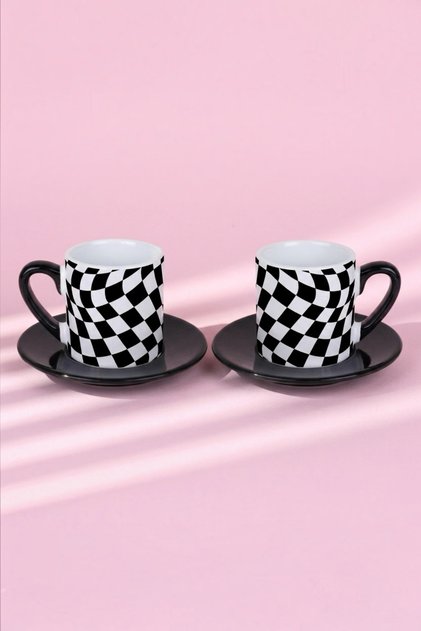 Black and White Checkered Patterned 2-Piece Turkish Coffee Cups