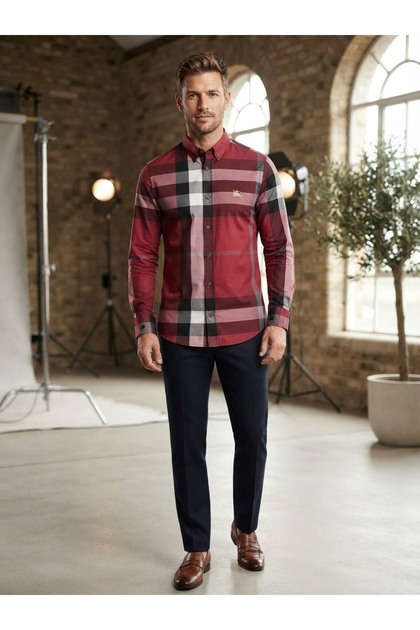Men's Slim Fit Long Sleeve Plaid Patterned 100% Cotton Shirt
