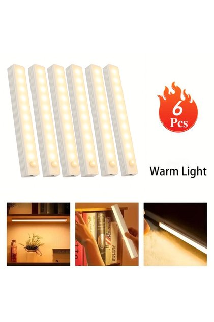 50CM-19.69inch Warm light-6pc 6pc Wireless Rechargeable LED Motion Sensor Cabinet Light - Ideal for