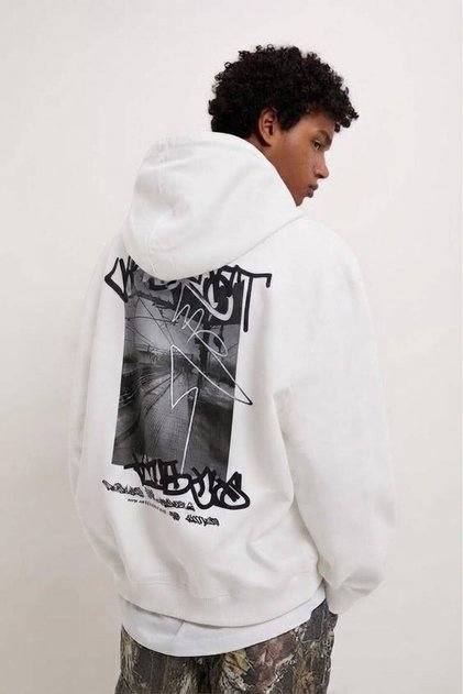 Unisex Oversize 3 Thread Raster Printed Hooded Sweatshirt with Kangaroo Pocket and "Street Photo and Graffiti Writing"