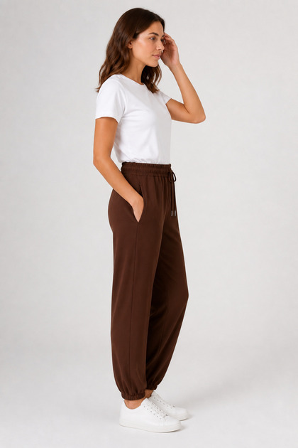 Pantaloni de sport modal pentru femei, cu picior elastic, talie cu șireturi, buzunare duble, maro