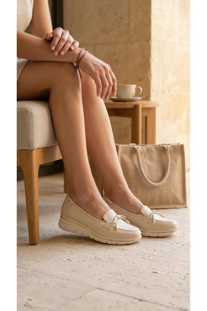 Oneaır 3195 Beige Genuine Leather Women's Shoes