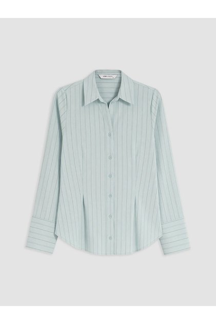 White Striped Modal Blend Pleated Women's Shirt