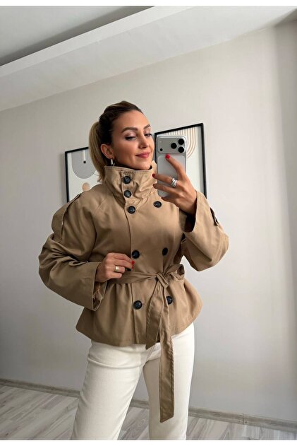 High Collar Buttoned Waist-Tied Trench Jacket