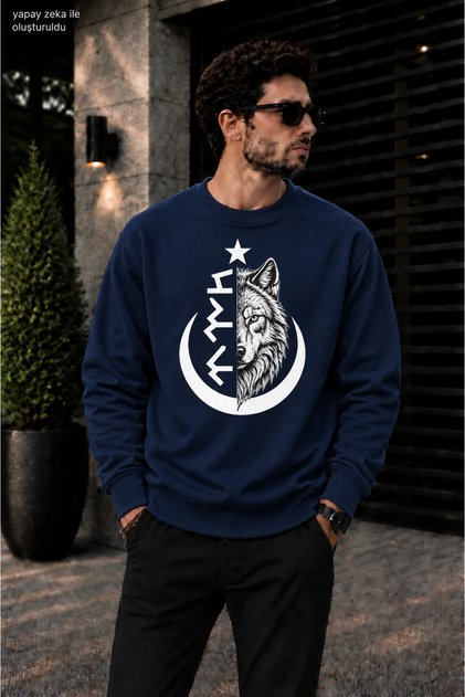 Men's Göktürkçe Turkish Written and Wolf Printed Crew Neck Casual Regular Fit Sweatshirt
