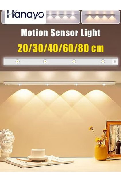 Motion Sensor Light 3 Colors Dimmable Human Body Sensor Under Cabinet Lights White Warm Natural Light Ultra Thin Rechargeable LED for Kitchen Cabinet Bedroom Wardrobe Indoor Lighting(White,60cm)