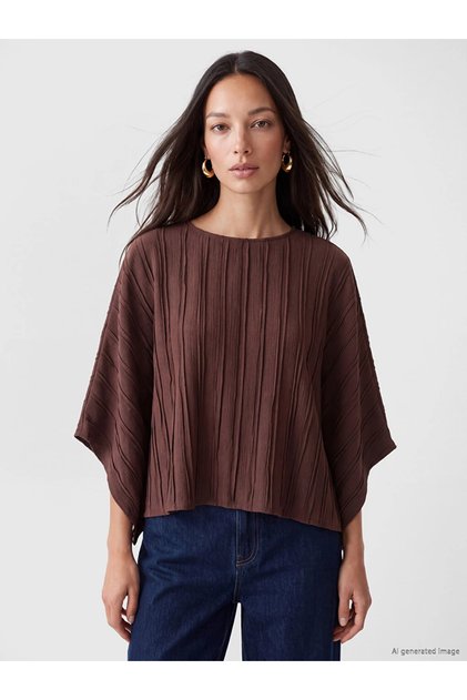 Brown Crew Neck Striped Oversize Blouse