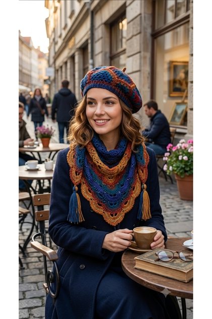Yünlü Örgü Fular Bere Seti , Batik Renkli Boyunluk ve Ressam Bere