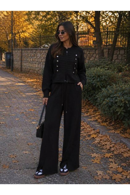 Collar Button Detailed Knitwear Top and Bottom Set