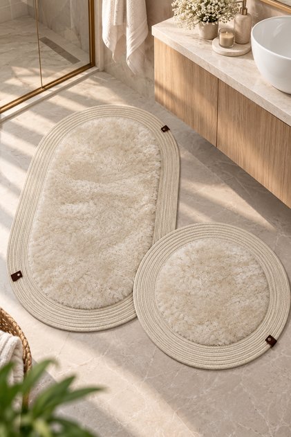 Nerissa 2'li Peluşlu Banyo Paspas Seti Yuvarlak ve Oval Paspas Takımları, Kaymaz Tabanlı, Yumuşak Dokulu, Şık ve Dekoratif Banyo Halısı, Modern Tasarım