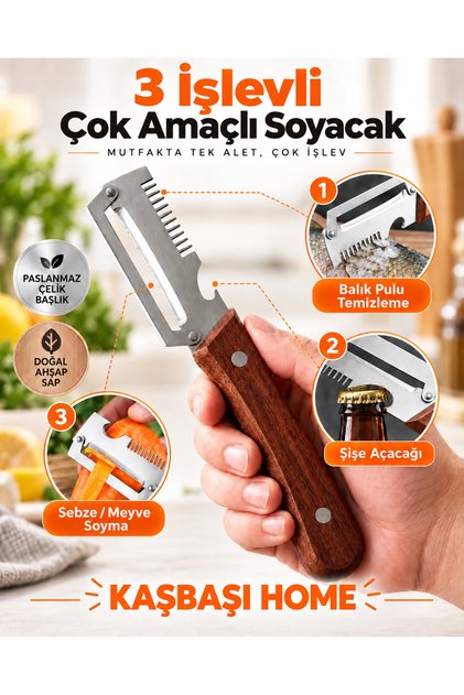 Paslanmaz Çelik 3 Fonksiyonlu Akasya Doğal Ahşap Saplı İşlevsel Soyacak Açacak