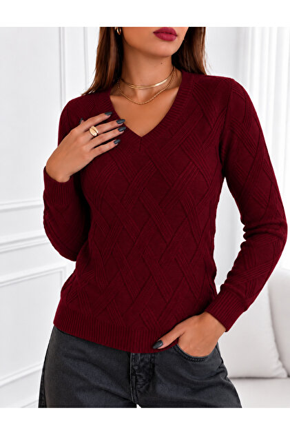 Women's V-Neck Long Sleeve Knitted Patterned Ribbed Detailed Burgundy Knitwear Sweater